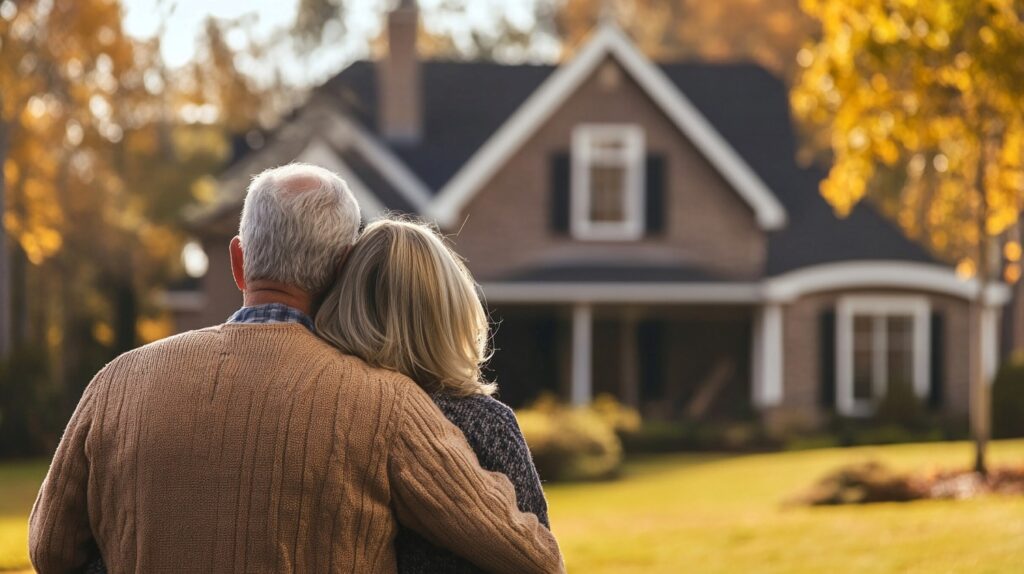 A retired couple happily unpacking boxes in their downsized retirement home.