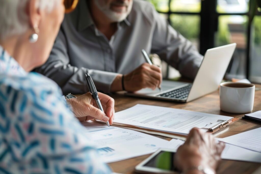 Couples in their 60s reviewing Social Security documents together at a table, discussing their retirement plans and financial options